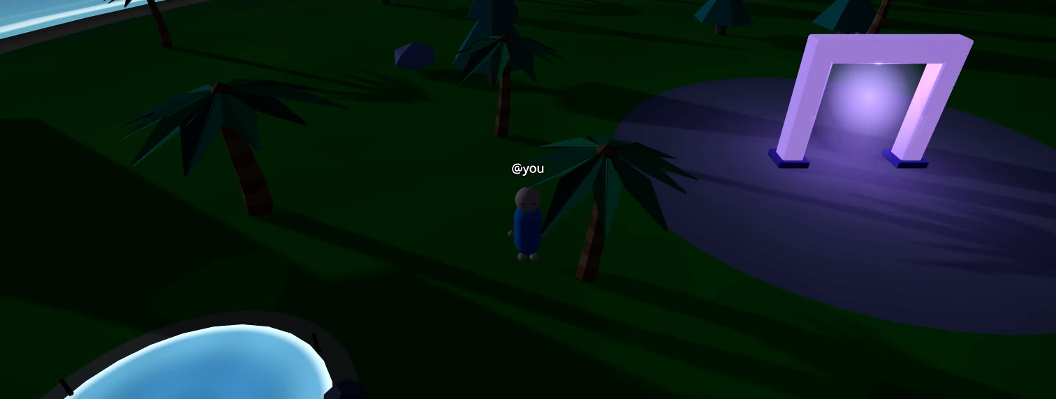 Live Castaway gameplay showing the player exploring a low-poly 3D island with palms, water, and a glowing portal.